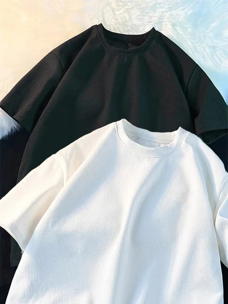 Camiseta Waffle Masculina Nova Gola Redonda Solta Camiseta Feminina Moda Casual Camisetas Verão High Street Oversized Meia Manga Camisetas Top