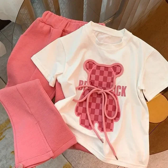 Conjunto de roupas de verão para bebês meninas Camiseta de urso dos desenhos animados infantil e calças largas Terno Crianças de manga curta Top Bottom Tracksuit