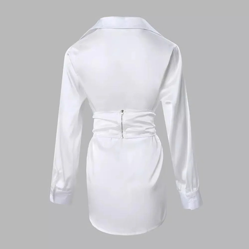 Roupas Femininas Moda Côr Sólida Branco Camisa com Cadarço Vestido Manga Longa Verão Mini Vestido Sexy