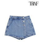 TRAF Verão Feminino Novo Jeans Moda Street Wash Jeans Botão Frontal Mini Saia Sexy Slim Blue Jeans Saia Centenas de Calças
