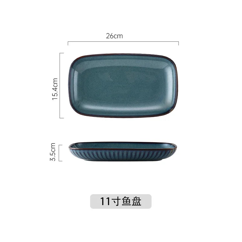 Pratos de cerâmica vitrificada em forno azul, pratos de jantar para micro-ondas, tigelas de salada de arroz redondas, talheres domésticos