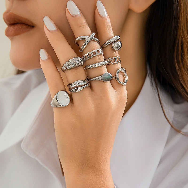 Lacteo Trendy Geometric Cuff Rings Set para Mulheres Metal Ajustável No Dedo Anel Senhoras Moda Declaração Jóias Festa Novo