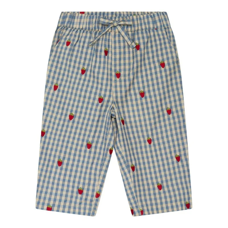 2024 Verão Floess Roupas Infantis Bebê Meninas Vestido de Algodão Xadrez Morango Manga Curta Camisetas Shorts Ternos Roupas Infantis