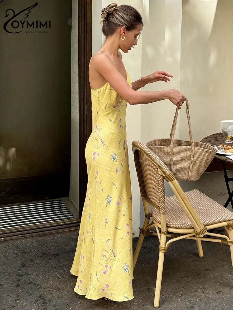 Vestido Feminino Casual Oymimi com Estampa Amarela Elegante Alças Finas Costas Abertas Moda Outono Cintura Alta Vestido de Tornozelo