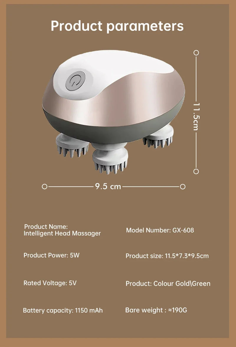 Massageador de Cabeça Elétrico de Silicone com Ventosa Magnética para Couro Cabeludo, Recarregável, Silicone para Ombro, Multifuncional, Amassamento e Vibração, Spa para Cabeça
