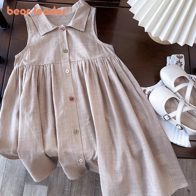 Urso Líder Novo Sólido Bebê Menina Vestido de Algodão Botão Crianças Vestidos de Verão Princesa Vestido de Festa Da Criança Meninas Vestido de Verão Roupas Infantis