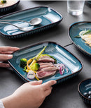 Pratos de cerâmica vitrificada em forno azul, pratos de jantar para micro-ondas, tigelas de salada de arroz redondas, talheres domésticos