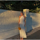 Elegante Plissado Halter Vestidos Longos Mulheres Retro Sexy Slim Sem Mangas Sem Encosto Vestido de Praia Feminino Chic Party Holiday Vestidos