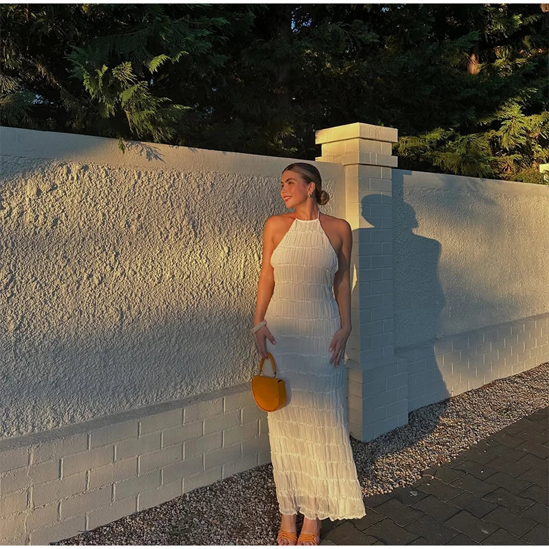 Elegante Plissado Halter Vestidos Longos Mulheres Retro Sexy Slim Sem Mangas Sem Encosto Vestido de Praia Feminino Chic Party Holiday Vestidos