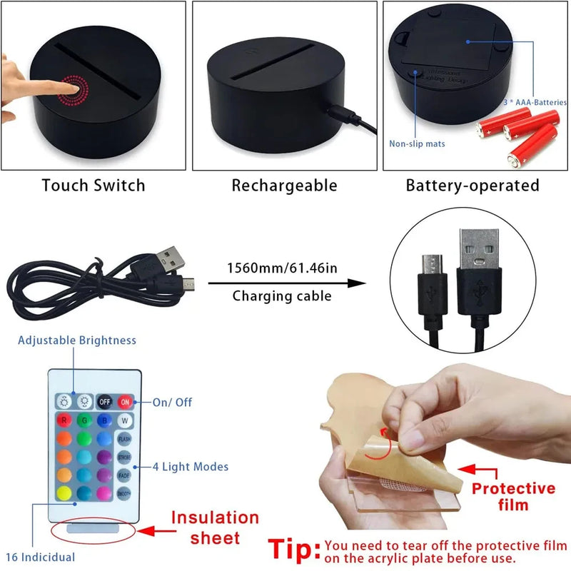 Luz noturna de ponto de ilusão 3D com controle remoto e lâmpada de decoração de quarto de toque inteligente Aniversário Dia dos Namorados Presentes de Natal