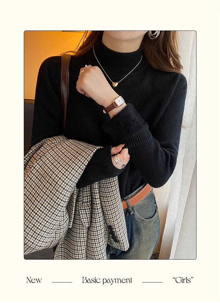 Suéter de gola alta feminino inverno 2025 vermelho retrô com forro de veludo engrossado desgaste interno tricô térmico camisa de assentamento