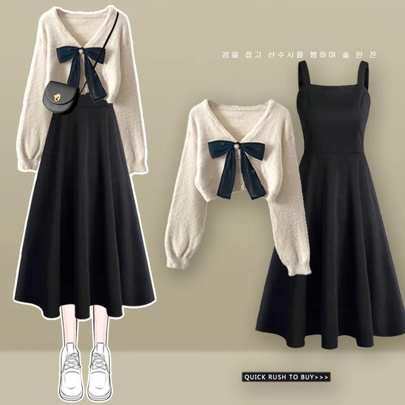 Primavera Outono Novas Suéteres de Malha Femininas Duas Peças 2025 Coreano Elegante Arco Cardigan Strap Saia Conjunto Correspondente Roupas Femininas
