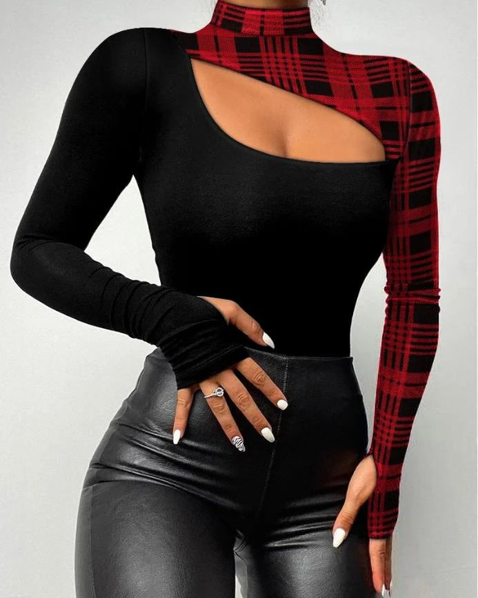 Sexy TeeContrast Lace Cutout Top de manga comprida ew ashion camisa de mulher 2025 outono inverno primavera blusas roupas femininas roupas