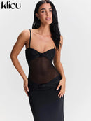 kliou Malha Suspendência Mulheres Maxi Vestido Sexy Ver Através Amarrado Patchwork Gola Baixa Sem Encosto Bodycon Feminino Moda Festa Vestidos