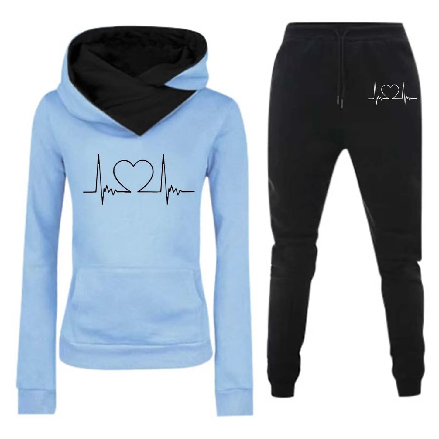 Mulheres Moletom Outono/Inverno Batimentos Cardíacos Frequência Impresso Veludo Moletom com Capuz Conjunto Casual