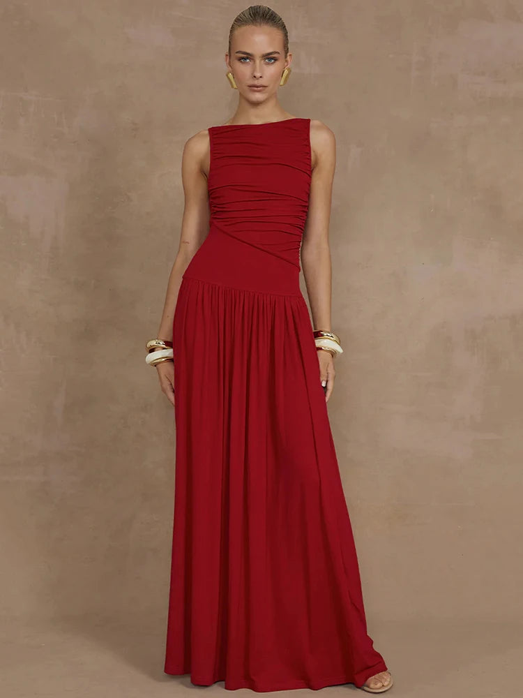 Mozision Elegante Sem Mangas Maxi Vestido Para As Mulheres Moda Sólida Barco Pescoço Tanque Vestidos Senhoras Sexy Ruched Vestido Longo Novo Vestido