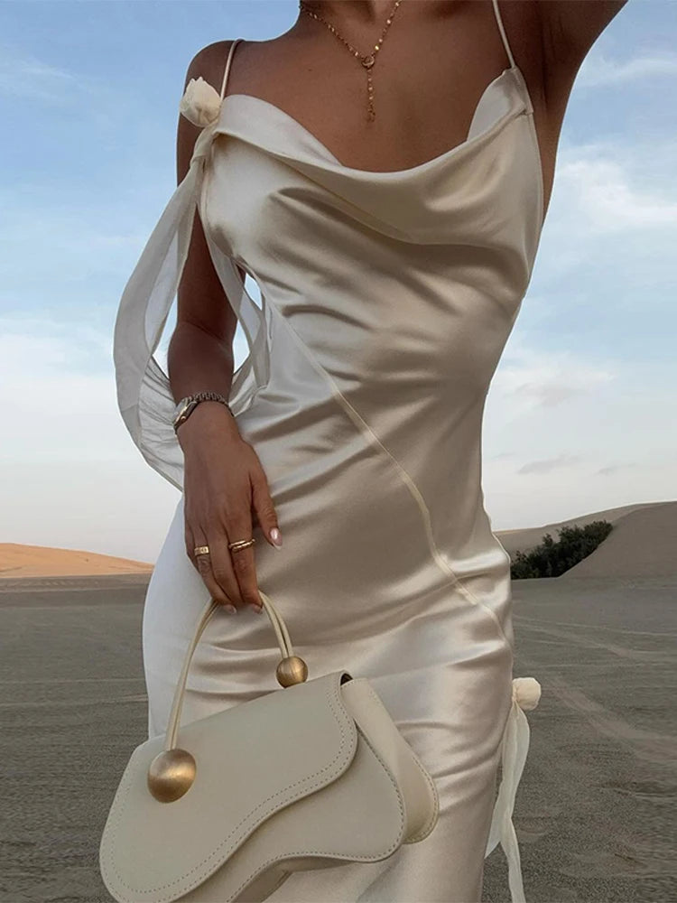 Sexy fita branca de seda cetim estilingue vestido para as mulheres elegante swing colarinho backless vestidos longos 2025 mulheres novo praia férias robe