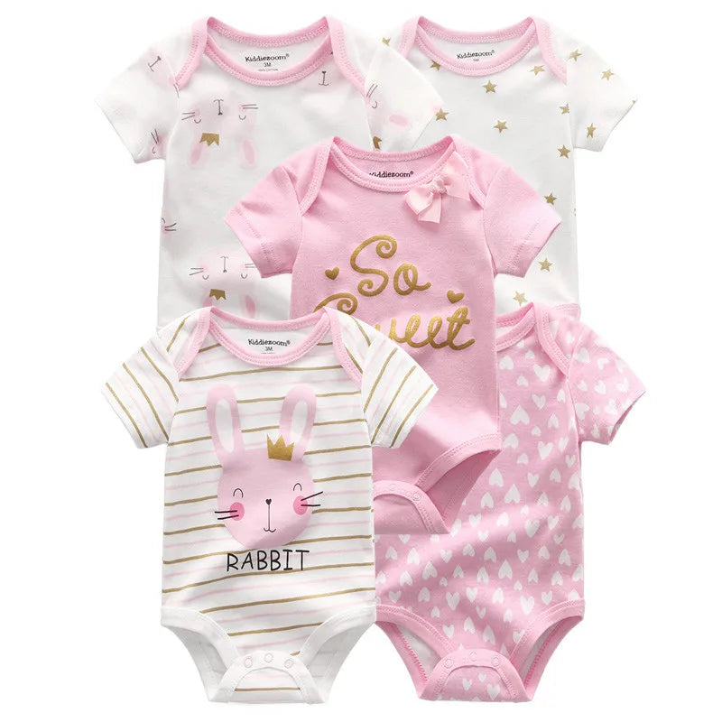 Kiddiezoom 5 Pçs/lote Quatro Estações Moda Dos Desenhos Animados de Manga Curta Do Bebê Menino Menina Bodysuits Macio 100% Algodão Recém-nascido Onesies Roupas