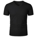 Homens Corrida Esportes Fitness Verão Novo Alto Elástico Listra Vertical Manga Curta Decote em V Slim Fit Malha Inferior Camisa Top