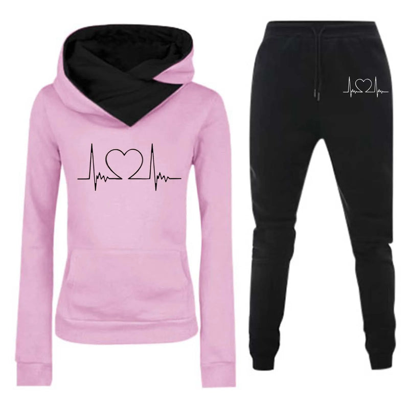 Mulheres Moletom Outono/Inverno Batimentos Cardíacos Frequência Impresso Veludo Moletom com Capuz Conjunto Casual