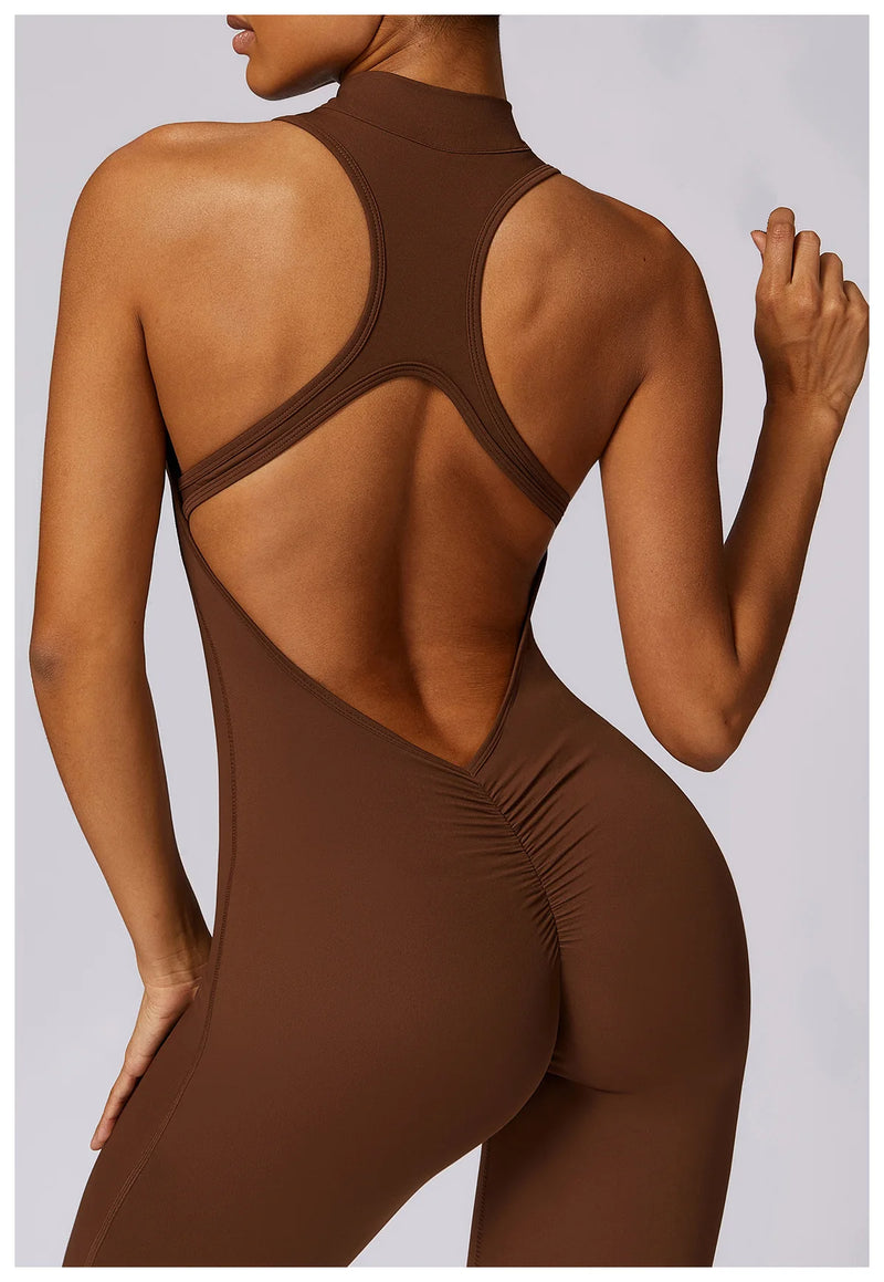 V Voltar Terno De Uma Peça Das Mulheres Macacão Esportivo Zíperes Yoga Macacão Backless Sportswear Mulheres Sleeveles Workout Bodysuits Feminino