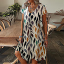 Vestidos com estampa de penas Mulheres Verão 2025 Roupas Manga Curta Decote em V Mini Vestido Elegante Boêmio Moda Vestido de verão Vestidos de praia