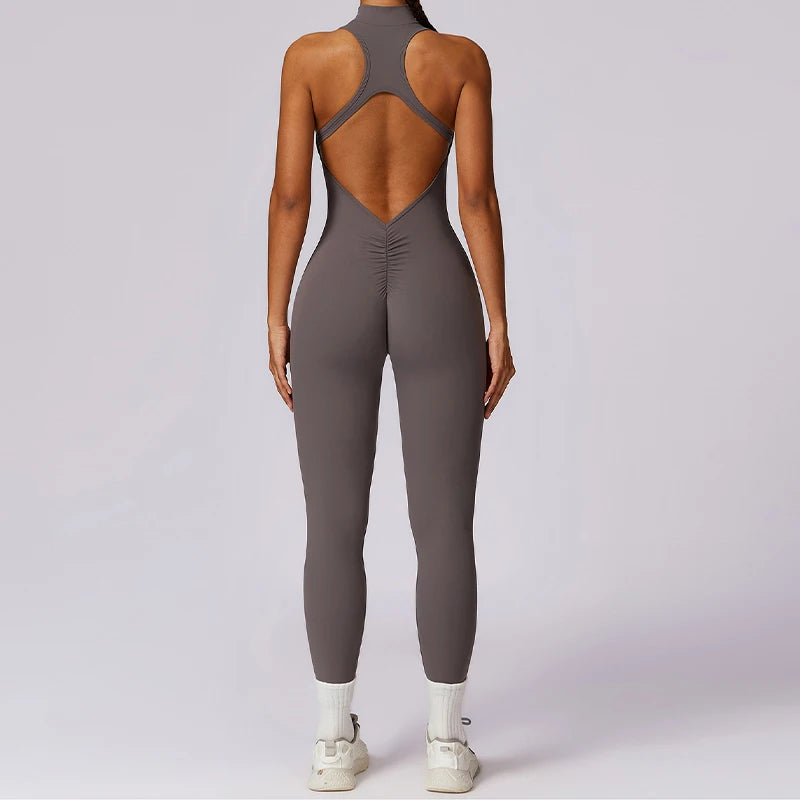V Voltar Terno De Uma Peça Das Mulheres Macacão Esportivo Zíperes Yoga Macacão Backless Sportswear Mulheres Sleeveles Workout Bodysuits Feminino