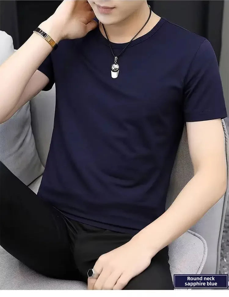 Camiseta masculina de verão estilo coreano Slim Fit de manga curta 140g blusa de poliéster suaviza sua silhueta Cor sólida Camada de base Top