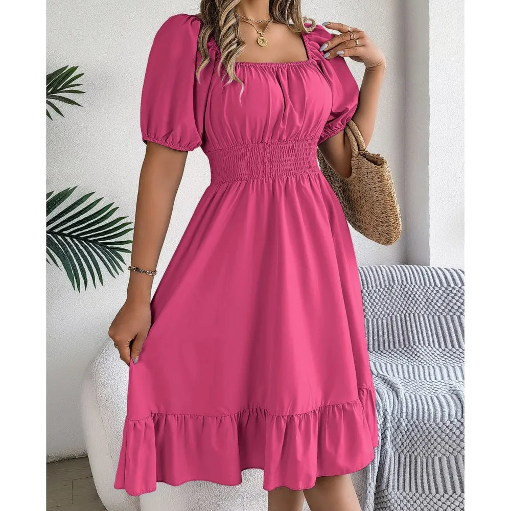Mulheres Vestidos Pequenos 2024 Verão Casual Decote Quadrado Manga Curta Cintura Vestido de Borda com Babado Mulheres Elegante
