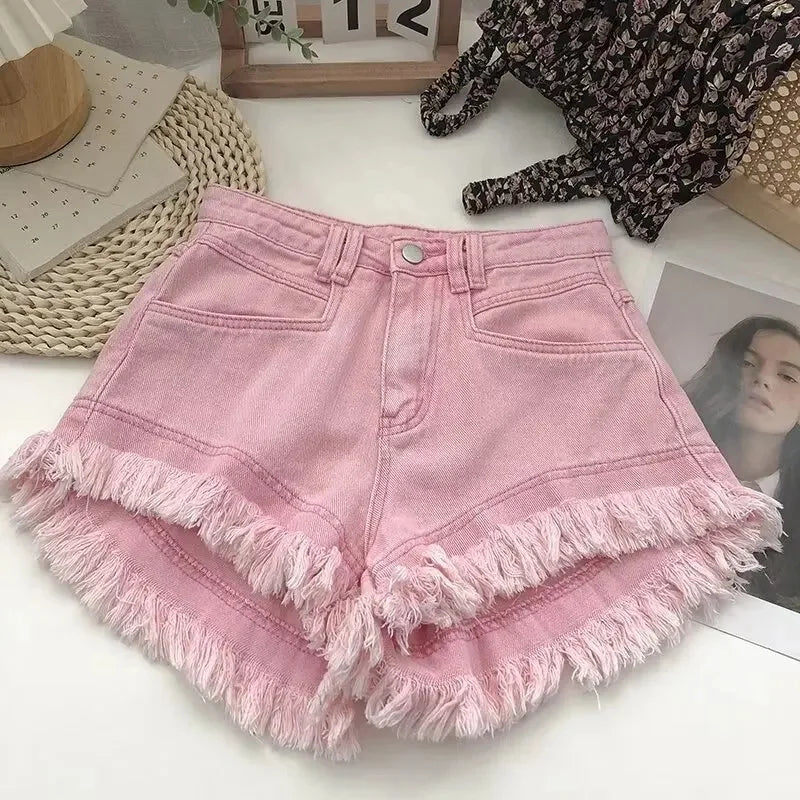 Shorts jeans com franjas avermelhadas rosa verão feminino novo nicho emagrecimento cintura alta picante menina linha A calças de calor de perna larga