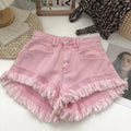 Shorts jeans com franjas avermelhadas rosa verão feminino novo nicho emagrecimento cintura alta picante menina linha A calças de calor de perna larga