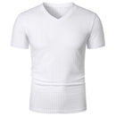 Homens Corrida Esportes Fitness Verão Novo Alto Elástico Listra Vertical Manga Curta Decote em V Slim Fit Malha Inferior Camisa Top