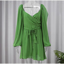 Moda Feminina Chiffon Plissado Lace Up Cintura Alta Mini Vestido Chic Verde Oco Out Manga Cheia A Linha de Vestidos Senhora Vestes de Praia