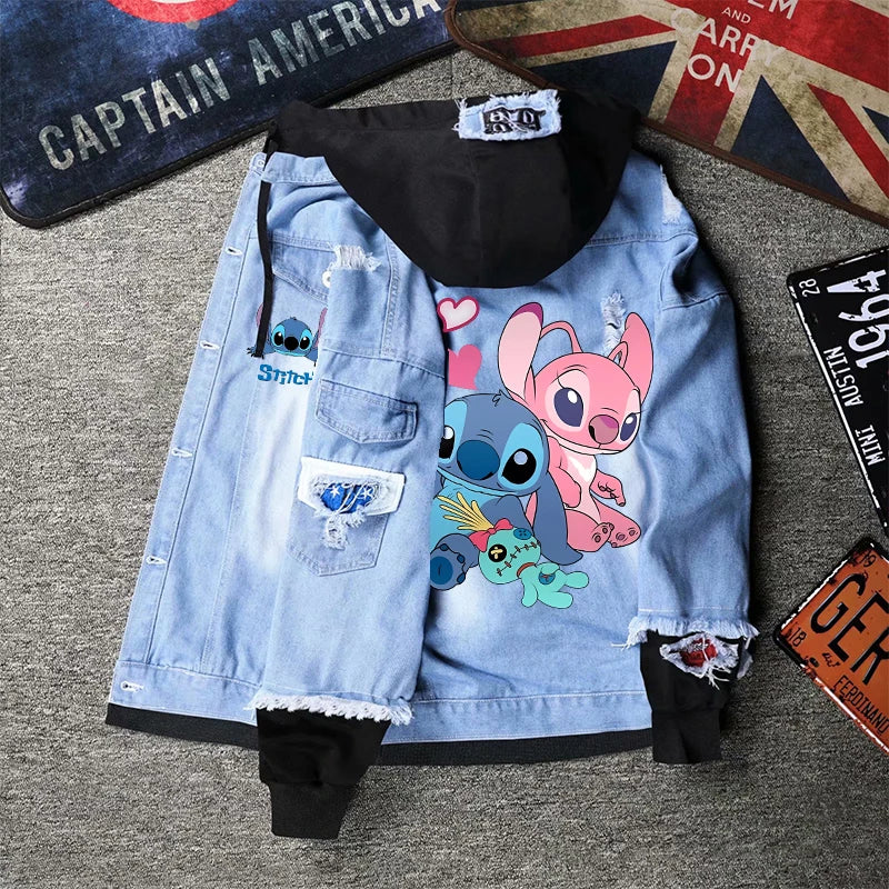 Lilo&stitch Hip Hop Jaquetas Jeans com Capuz para Homens Roupas Femininas Outono Inverno Jaqueta Masculina Patchwork Jaqueta Jeans Streetwear Roupas