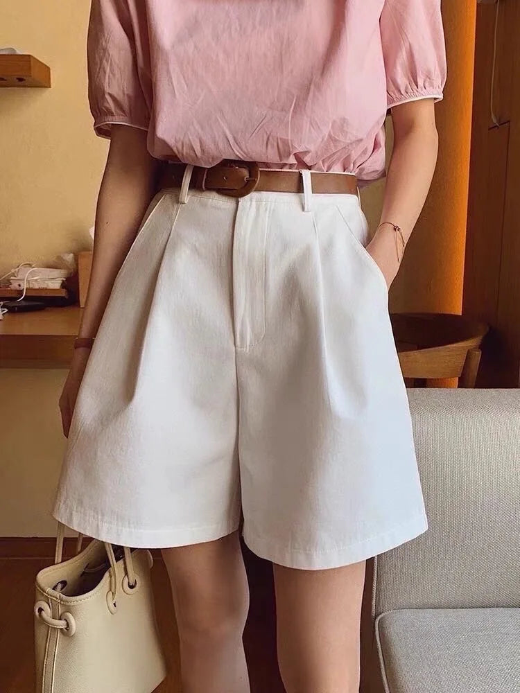 2024 Shorts de perna larga de verão para mulheres cintura alta casual algodão jeans calças curtas com cinto Shorts femininos coreanos da linha A da menina