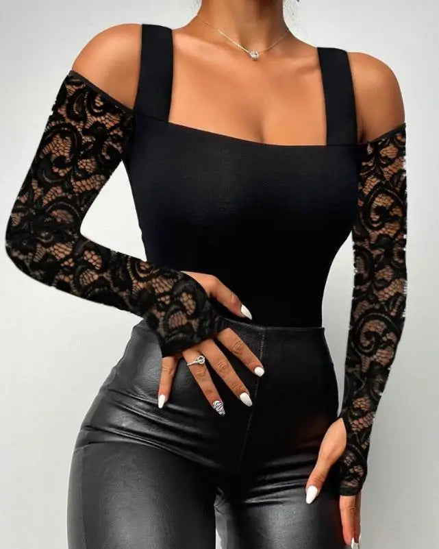 Sexy TeeContrast Lace Cutout Top de manga comprida ew ashion camisa de mulher 2025 outono inverno primavera blusas roupas femininas roupas