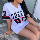 2024 Nova Moda Decote Em V Rainha Letras Vestido Estampado Manga Curta Basquete Estilo Esportivo Sexy Solto Roupas Femininas Streetwear