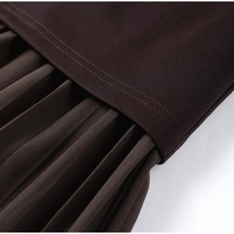 2025 Chic Splicing Brown Meia Manga Maxi Vestido Feminino Casual Plissado A Linha Slim Vestidos Femininos Escritório Comutar Vestes de Rua