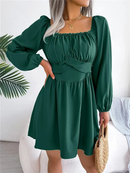 Vestido Casual Franzido com Decote Quadrado e Manga Longa com Acabamento em Babados para Primavera e Outono, Roupas Femininas