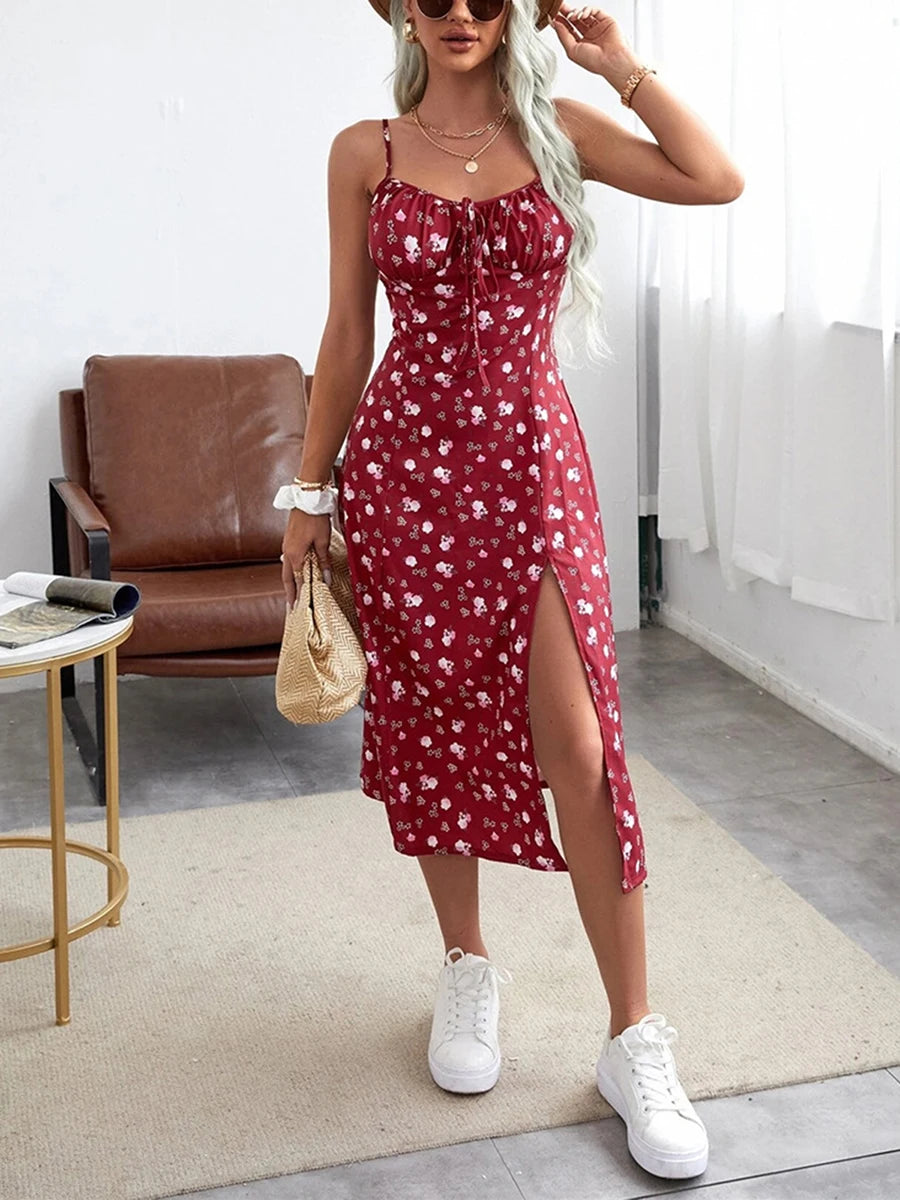 Roupas Femininas Verão 2024 Tendência Vestido Floral, Estampa de Flores Alças Finas Sem Mangas com Fenda Alta para Senhoras