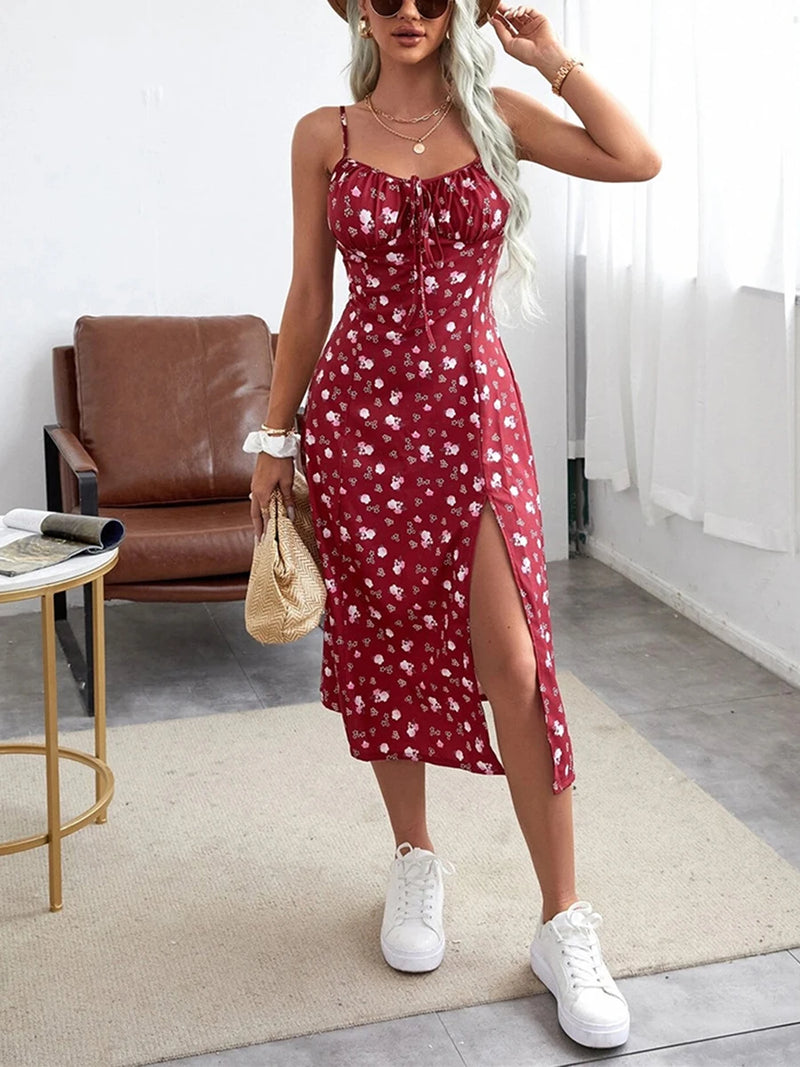 Roupas Femininas Verão 2024 Tendência Vestido Floral, Estampa de Flores Alças Finas Sem Mangas com Fenda Alta para Senhoras