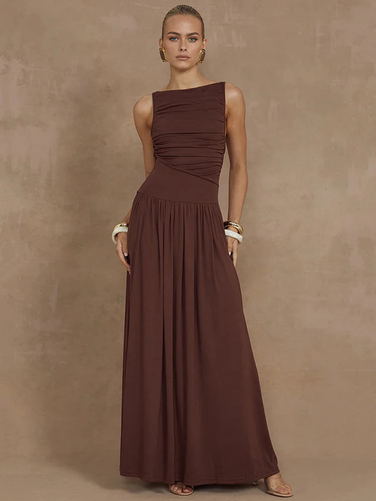 Mozision Elegante Sem Mangas Maxi Vestido Para As Mulheres Moda Sólida Barco Pescoço Tanque Vestidos Senhoras Sexy Ruched Vestido Longo Novo Vestido