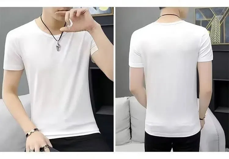 Camiseta masculina de verão estilo coreano Slim Fit de manga curta 140g blusa de poliéster suaviza sua silhueta Cor sólida Camada de base Top