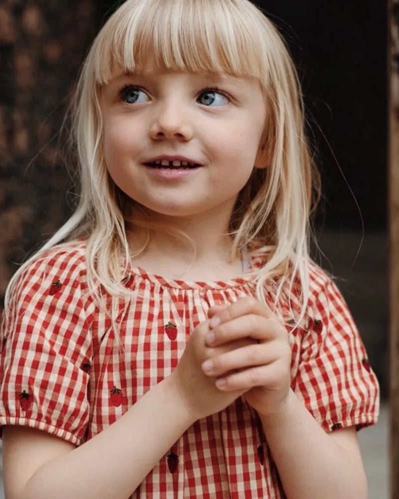 2024 Verão Floess Roupas Infantis Bebê Meninas Vestido de Algodão Xadrez Morango Manga Curta Camisetas Shorts Ternos Roupas Infantis