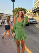 Moda Feminina Chiffon Plissado Lace Up Cintura Alta Mini Vestido Chic Verde Oco Out Manga Cheia A Linha de Vestidos Senhora Vestes de Praia