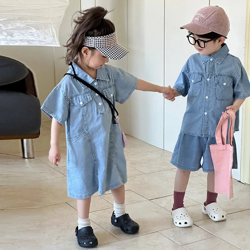 Roupas infantis 2025 verão novo terno jeans para menino ou vestido de menina casual roupas para irmão e irmã