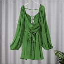 Moda Feminina Chiffon Plissado Lace Up Cintura Alta Mini Vestido Chic Verde Oco Out Manga Cheia A Linha de Vestidos Senhora Vestes de Praia