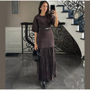 2025 Chic Splicing Brown Meia Manga Maxi Vestido Feminino Casual Plissado A Linha Slim Vestidos Femininos Escritório Comutar Vestes de Rua