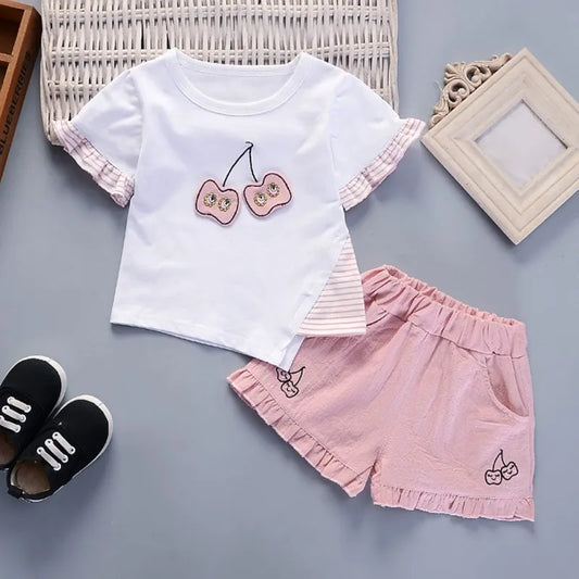 2 Pcs Criança Bebê Crianças Meninas Conjunto de Roupas de Manga Curta T-shirt Tops + Shorts Outfit Crianças Algodão Tops Calças Set