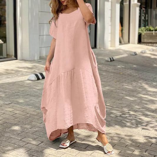 Mulheres Decote Em V Manga Curta Solta Vestido De Linho De Algodão Moda Verão Feminino Oversized S-5XL Longo Maxi Vestido JYFS-3029